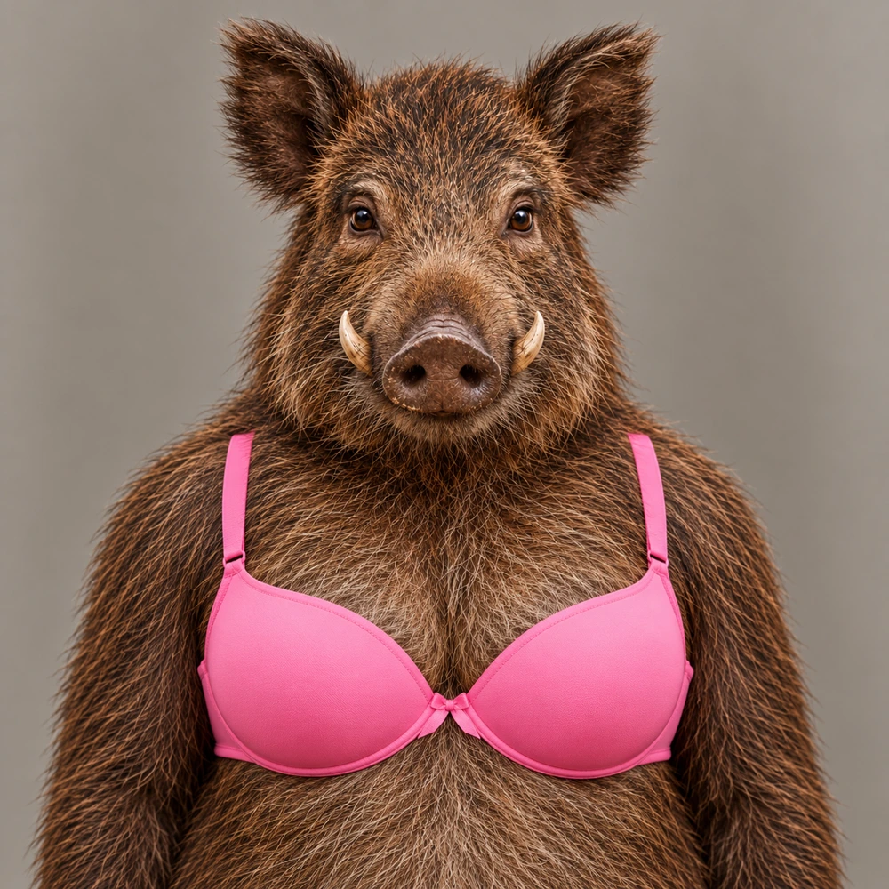 An animal wearing a pink bra